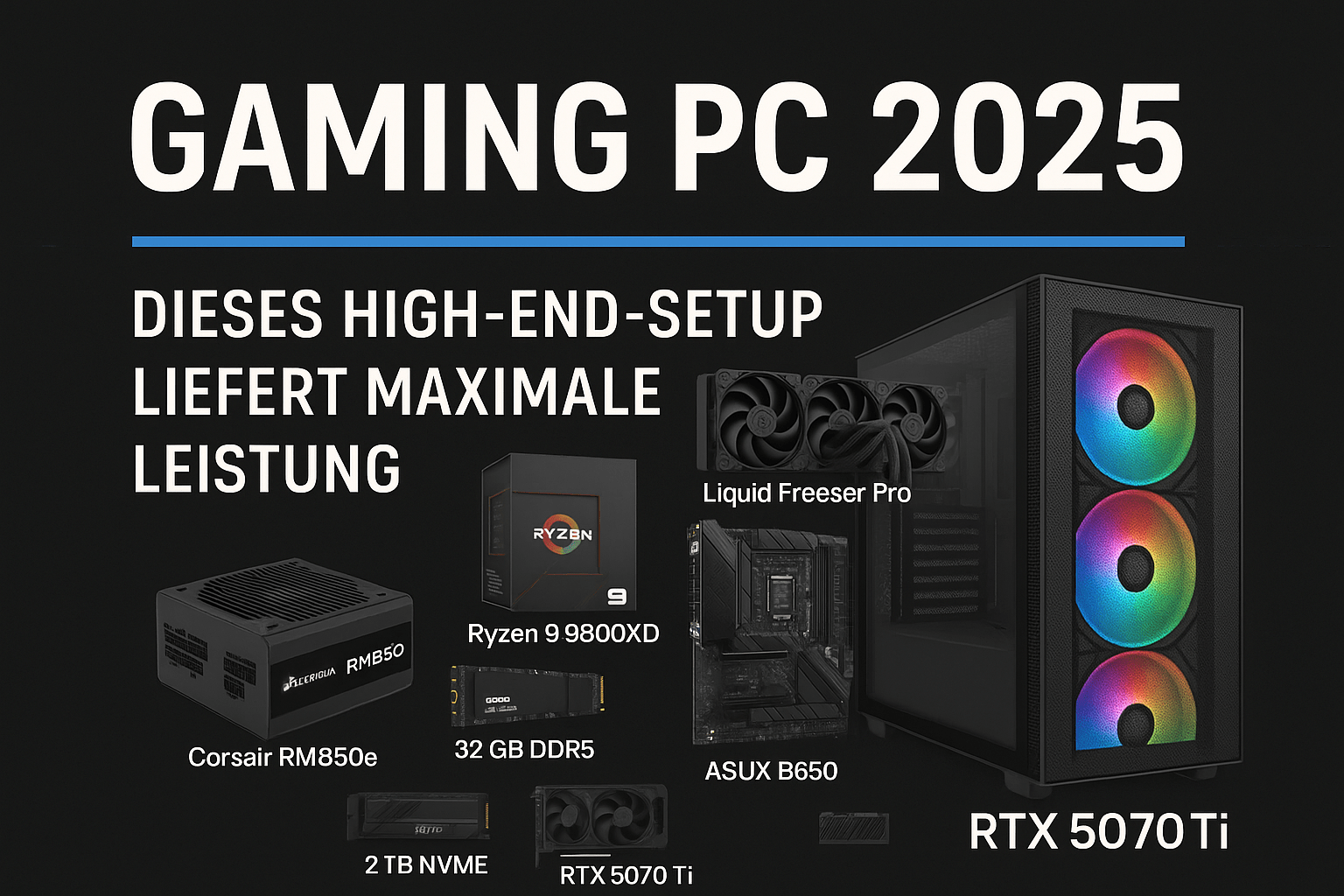 Digitales Beitragsbild eines modernen Gaming-PCs für 2025 mit stylischem ARGB-Gehäuse, RTX 5070 Ti, Ryzen 9800X3D und hochwertiger Hardware-Auswahl auf schwarzem Hintergrund. Ideal zur visuellen Darstellung eines High-End-Setups für Blog, Pinterest oder Social Media.