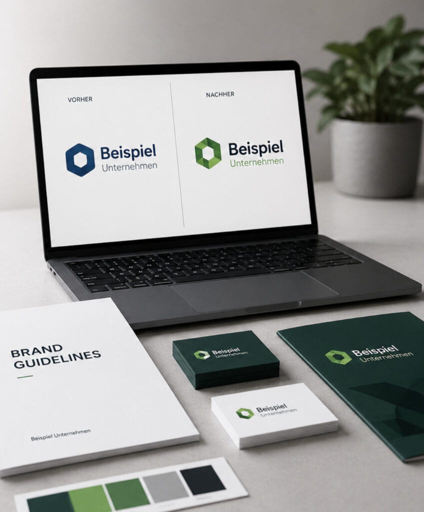 Visualisierung einer Markenentwicklung beim Rebranding mit klarer Zielfestlegung und Farbsystem