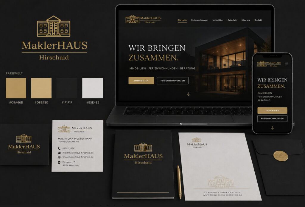 Branding Mockup mit Corporate Design, Farbwelt, Geschäftsausstattung und responsiver Website in Schwarz, Gold und Weiß.