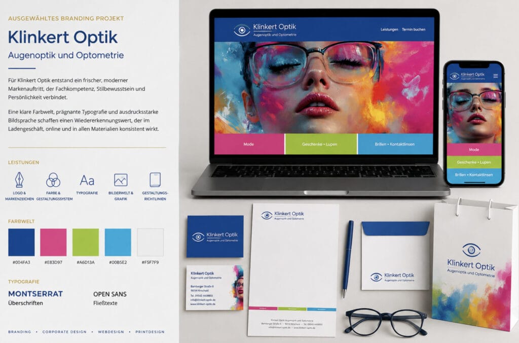 Branding Mockup mit Corporate Design, Farbwelt, Typografie, Geschäftsausstattung und responsivem Webauftritt.
