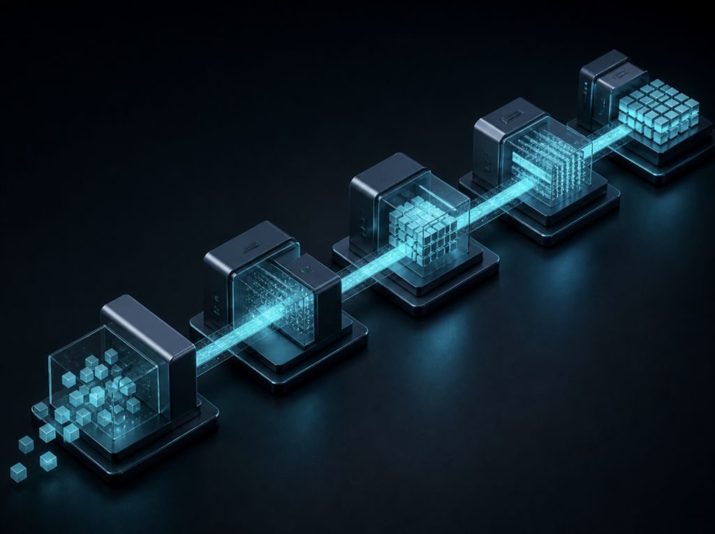 Automatisierter Datenfluss durch mehrere aufeinander abgestimmte Verarbeitungsschritte.